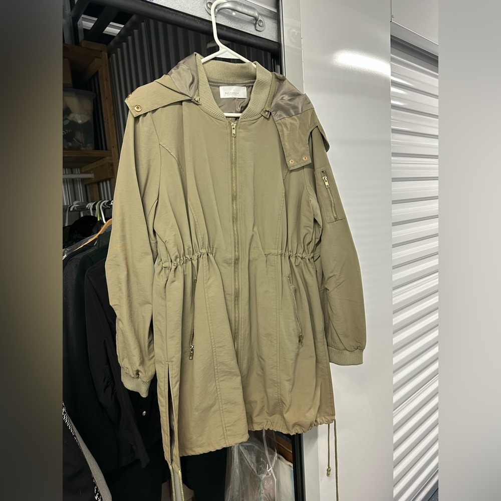 Women’s olive army green adjustable fitted Rain Jacket Coat with removable hood
